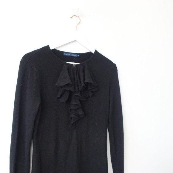 Vintage RALPH LAUREN Black Cashmere Dress Women Medium Sweater Ruffle Keyhole 90 - Picture 2 of 11